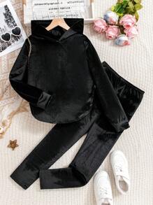 Set da 2 pezzi per ragazze pre-adolescenti, composto da felpa con cappuccio e pantaloni in colore unito, stile casual