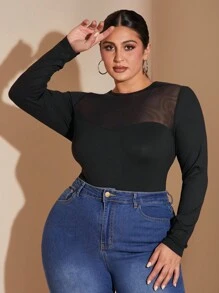 SHEIN BAE Plus Size Women's Autumn And Winter Mesh Splicing Knitted Neckline Slightly Transparent Long Sleeve Bodysuit,Women's Autumn And Winter Fashionable Black Corset With Cup Details Bra Spliced ​​Mesh Sleeves Outing Top Black Top Shirt Sexy See-Through Long-Sleeved Sleeves, Super Versatile,Thanksgiving, Christmas, New Year,Birthday, Outing,Hot,Bodysuit, Minimalist