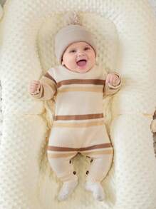 SHEIN Newborn Baby Boy / Girl Loose Fit Colorful Striped Round Neck Long Sleeve Soft & Comfortable Jumpsuit, Versatile For Casual Daily Wear, Autumn/Winter - Apricot - View 3
