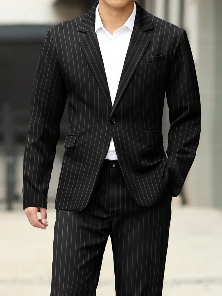 Manfinity Mode 1set Men's Front Button Flat Collar Long Sleeve Striped Minimalist Shirt And Pants Suit - Black - View 1