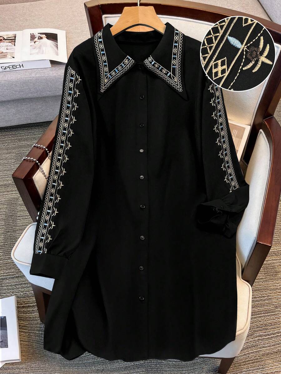 SHEIN LUNE Plus Size Women Vintage Embroidered Shirt Dress Fall Cloth For Women - Black - View 1