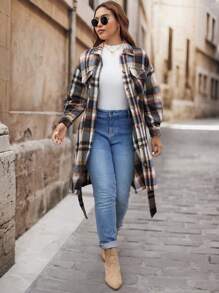 SHEIN VCAY Plus Size Fall/Winter Colorful Plaid Casual Mid-Length Belted Warm Coat - Red - View 6