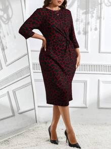 SHEIN Clasi Đầm dự tiệc Maxi bó sát cổ tròn cắt xẻ thanh lịch dành cho phụ nữ ngoại cỡ - Màu Đỏ Sâu - Xem 4