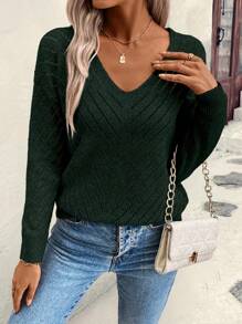 EMERY ROSE Women Loose Hollow Out Geometric Texture V-Neck Sweater, Casual Knit Pullover Fall Winter - Dark Green - View 6