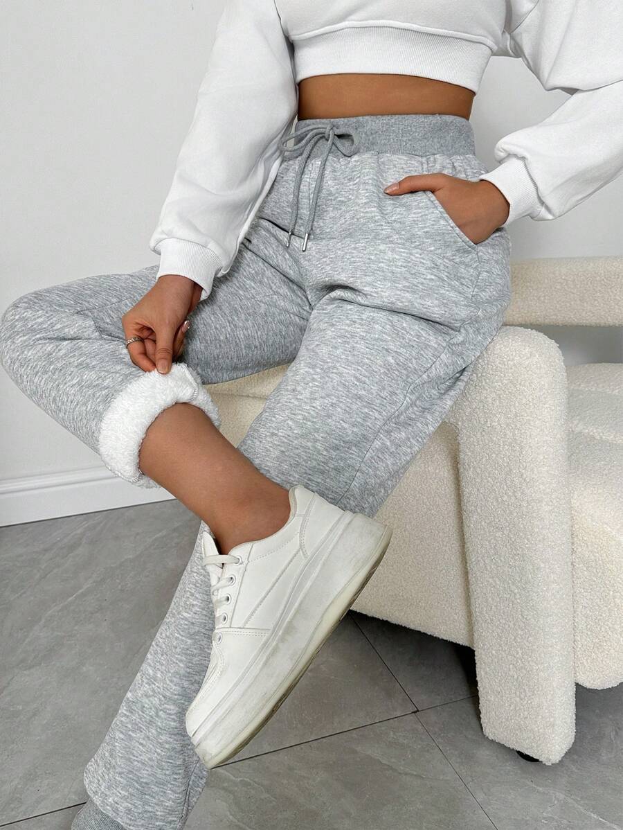 SHEIN Privé 女士系带前口袋休闲厚款运动裤，日常休闲装