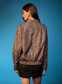 Opulessa Casual Solid PU Leather Collar Dropped Shoulder Long Sleeve Loose Women Regular Jacket