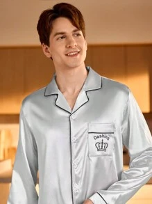 2pcs Men Color Block Trim Front Button Pocket Long Sleeve Top & Pants Loungewear Set - Silver - View 4