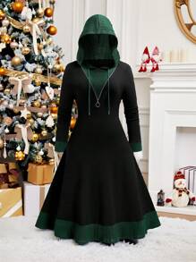SHEIN LUNE Plus Size Solid Color Patchwork Front Zipper Long Sleeve Simple Hooded Casual Dress