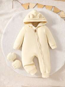 3 件套男婴双面羊毛连帽衫，带熊耳朵，优质拉链，2 副手套，简约实用，男女通用休闲连体裤 - 黃色 - 查看 1