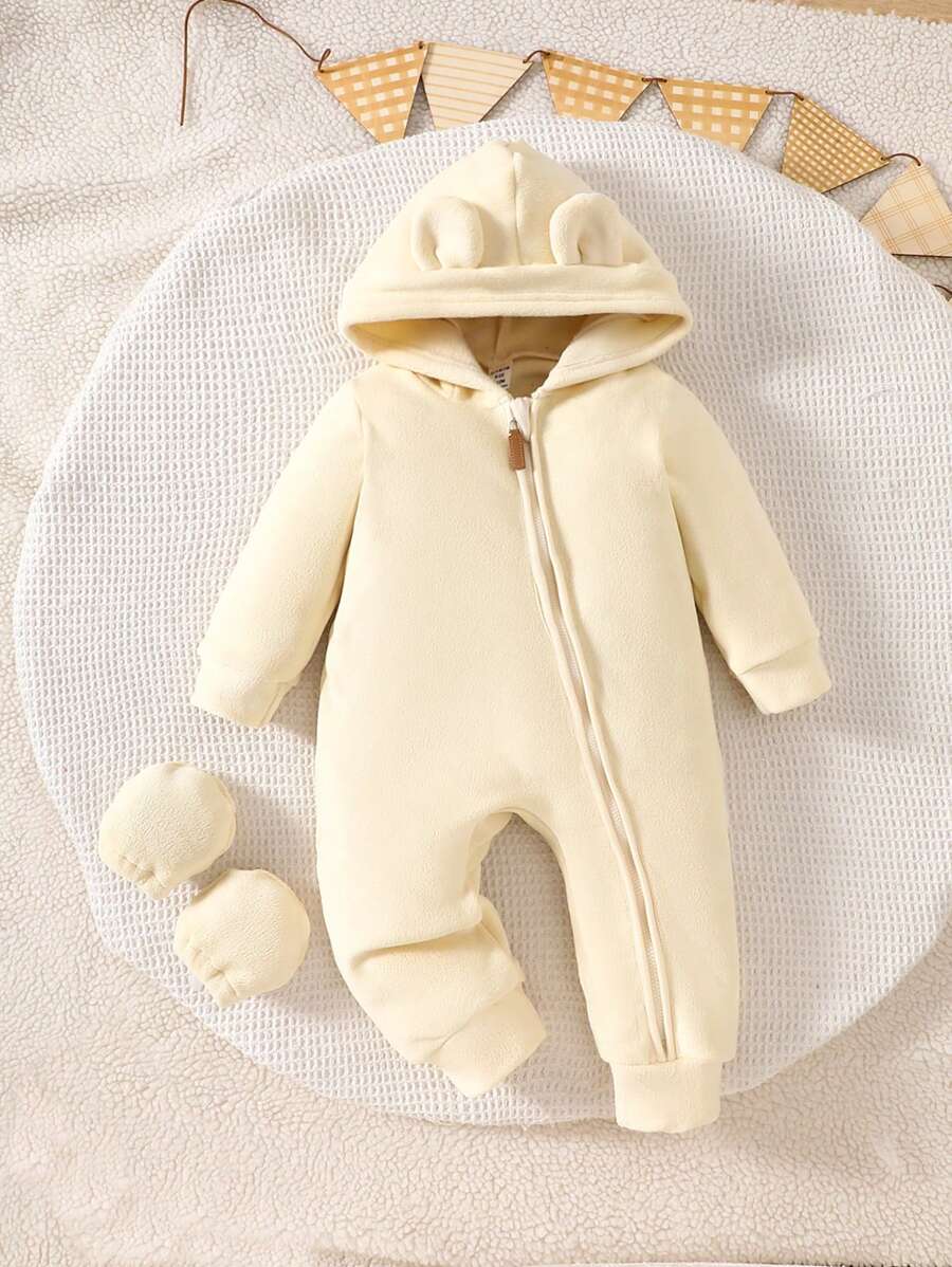 3 件套男婴双面羊毛连帽衫，带熊耳朵，优质拉链，2 副手套，简约实用，男女通用休闲连体裤 - 黃色 - 查看 1