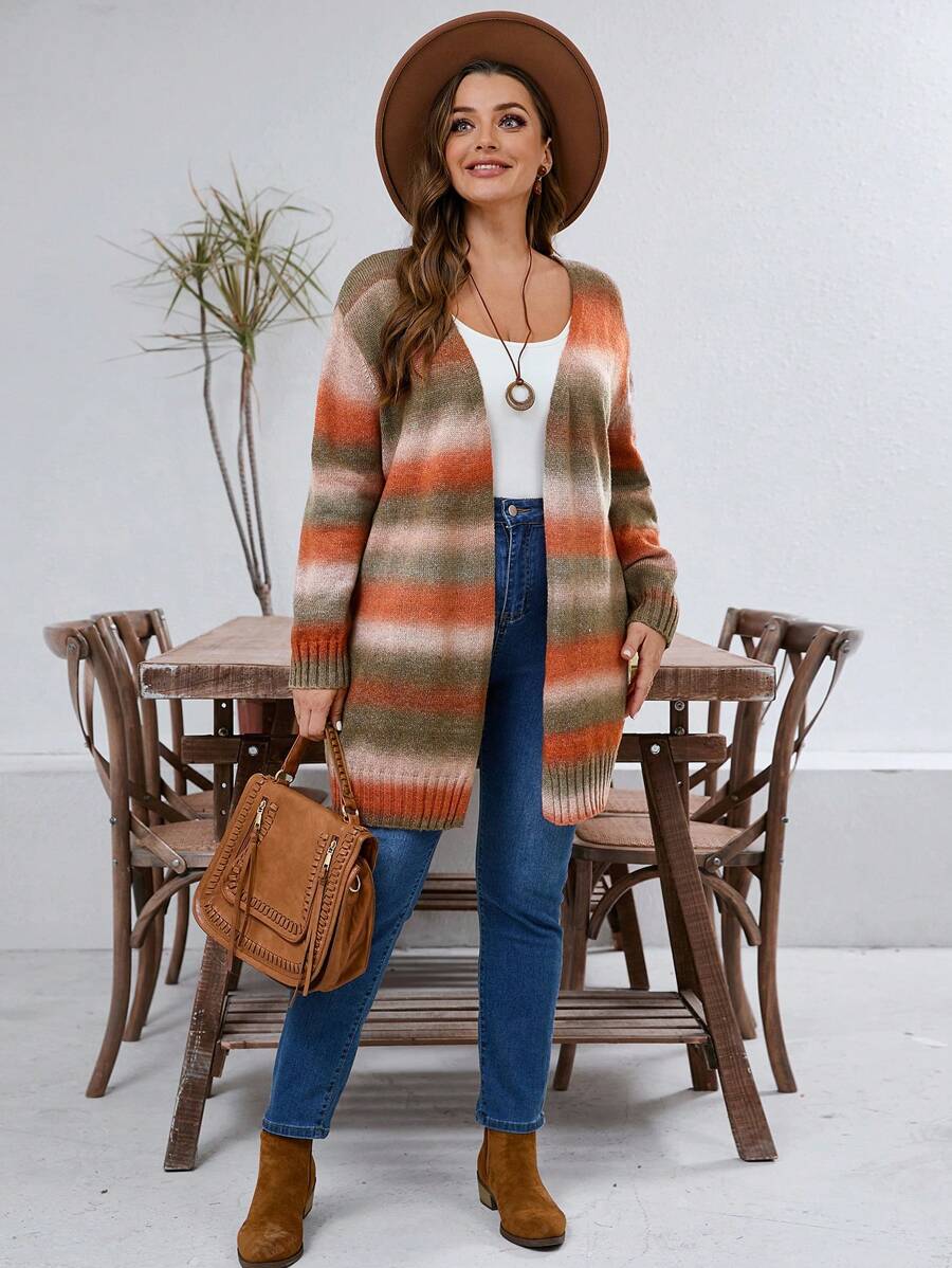 EMERY ROSE Plus Size Casual Color Block Front Open Cardigan, Winter Clothes For Women - Rust Brown - View 1