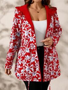 SHEIN Clasi 大码女式秋季双面花卉印花长袖连帽夹克 - 酒紅色 - 查看 9