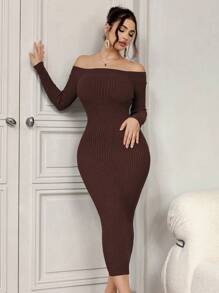 Modelyn 1pc Women Solid Color Off-Shoulder Fitted Elegant Long Sleeve Knit Dress - Coffee Brown - View 7