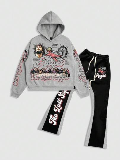 Street Life 2pcs/Set Men Street Print Sweatshirt And Sweatpants Tracksuit, Suitable For Daily Wear