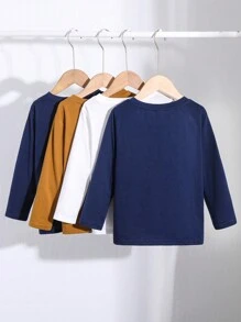 SHEIN 4 件套年轻男孩纯色和撞色块圆领长袖 T 恤，休闲学院风，舒适多场合穿着，适合春、夏、秋、冬，适合学校、聚会、节日、圣诞节和新年 - 彩色 - 查看 2