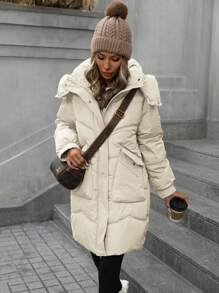 Aveloria Minimalist Hooded Mid-Length Loose Fit Parka With Large PocketsPadded Insulated Polyfill Synthetic Insulation Winter Coat Winter Jacket Jacket Coat For Winter Clothes - Beige - View 4