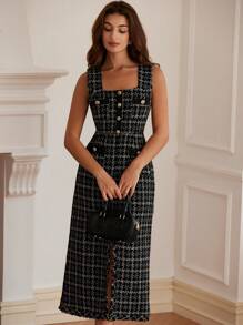 Aveloria Rosie 法式粗花呢混色口袋金属纽扣方领无袖连衣裙，适合节日派对、生日等正式场合。 - 黑與白 - 查看 4