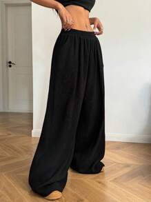 Coolane Women's Fall Winter Daily Wear Y2K Fashion Hip-Hop Streetwear Back To School Athleisure Elastic Waistband Basic Comfortable Patched With Pockets Black Extra Wide Leg Low Rise Baggy Pants