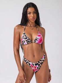 Swim EVENT Conjunto de 2 piezas de traje de baño de mujer con estampado de leopardo y flores, modelo 2025 nuevo