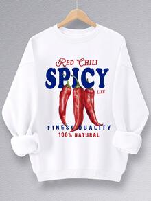 SHEIN EZwear Áo nỉ nữ tay dài cổ tròn in họa tiết ớt Y2K màu hồng cỡ lớn - trắng - Xem 5