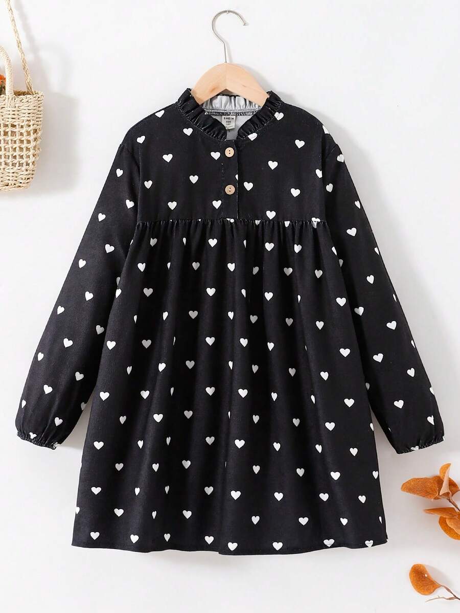 SHEIN 少女编织心形图案荷叶边领半拉链宽松度假连衣裙 - 黑色 - 查看 1