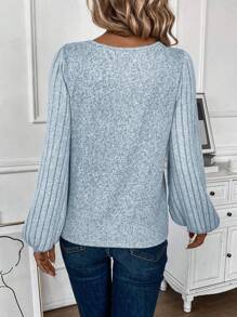 SHEIN LUNE Blusa de manga larga con cuello en V minimalista y casual para uso diario en primavera - Azul - Ver 2