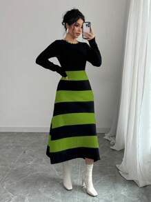 Elenzga Vestido de suéter tejido con bloque de color y rayas sencillas para mujer - Verde - Ver 6