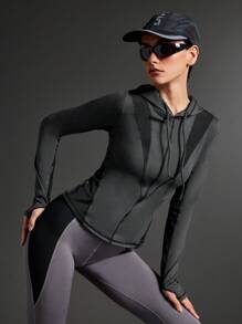 SHEIN Sports Women Contrast Color Long Sleeve Zipper Placket Drawstring Hooded Sweatshirt - Dark Grey - View 3