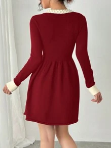 Chiquease 1 件女式优雅撞色边饰珍珠装饰腰部针织毛衣连衣裙
