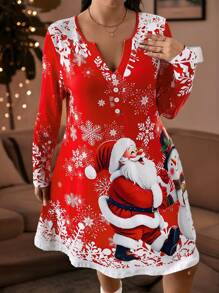 SHEIN LUNE Đầm thường ngày dài tay chữ A họa tiết ông già Noel cỡ lớn cổ chữ V trang trí nút - Nhiều màu - Xem 11
