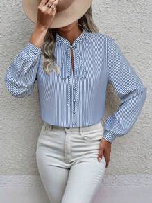 EMERY ROSE 1 chiếc áo sơ mi kẻ sọc buộc dây đơn giản, tối giản và thời trang để mặc hàng ngày - Xanh và trắng - Xem 5