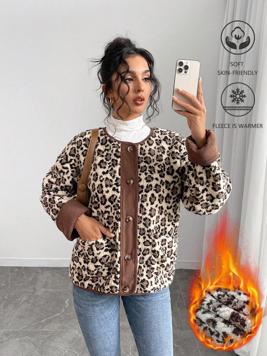 SHEIN Unity Chaqueta casual de mujer de un solo botonadura con estampado de leopardo y parches, para otoño/invierno - Marrón - Ver 1
