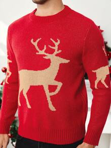 Manfinity VCAY Men's Plain Crew Neck Reindeer Pattern Knit Christmas Sweater, Suitable For Family And Couple Matching - Red - View 3