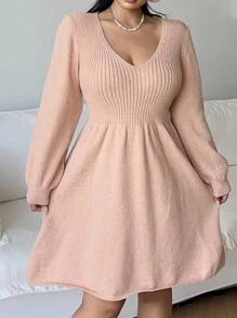 Flirla Vestido de Suéter Acampanado con Cuello en V Elegante de unicolor Talla Grande, Otoño/Invierno