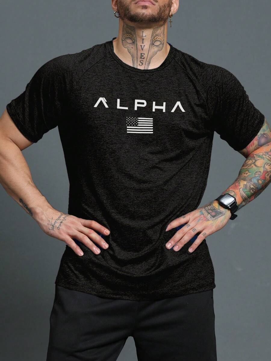 男友风男士圆领短袖字母与美国国旗印花运动 T 恤 - 黑色 - 查看 1