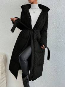 Áo khoác dài màu đen có mũ trùm đầu có thắt lưng, đệm - màu đen - Xem 5