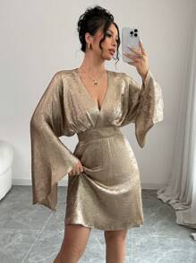 Selianne 1 chiếc váy ngắn cổ chữ V tay lỡ thanh lịch cho tiệc tùng/đi làm/dạo phố dành cho nữ, trang phục dự tiệc ngày lễ năm mới - Vàng - Xem 3