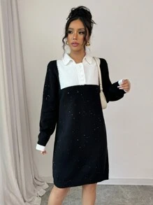 Elenzga Damen Farbblockkleid mit langem Arm, formanliegend und elegant