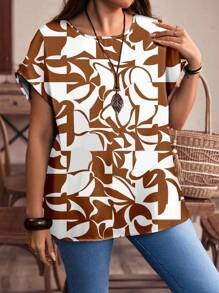 EMERY ROSE Casual Asymmetrical Patchwork Pattern Round Neck Short Sleeve Loose Plus Size Blouse, Autumn/Summer - Brown - View 4