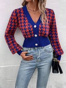 SHEIN LUNE Cardigan Wanita Kasual Sehari-hari Motif Houndstooth Warna Kontras dengan Kancing Depan, Musim Gugur/Dingin - Jeruk - View 3
