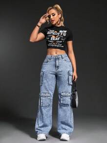 SHEIN SXY 休闲水洗多口袋直筒工装牛仔裤