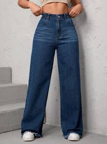 SHEIN Essnce High Waist Raw Hem Wide Leg Jeans