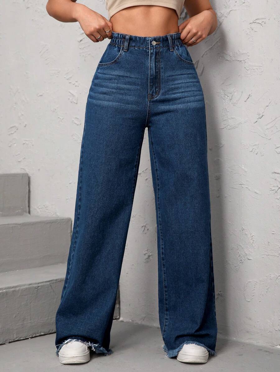 SHEIN Essnce High Waist Raw Hem Wide Leg Jeans