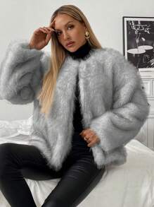 Chiquease Autumn/Winter Fashionable Fluffy Jacket (Artificial Fur) - Grey - View 4