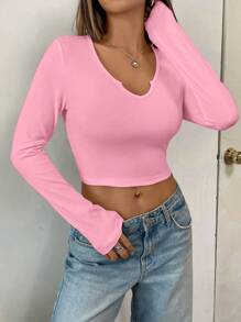 INAWLY Áo thun bó sát tay dài cổ chữ V cắt xẻ màu trơn cho nữ, mùa thu - Hồng - Xem 4