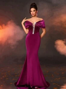 Glamrae Elegant Plum Velvet Off-Shoulder Bowknot Luxury Crystal Embellished Fishtail Formal Gown, Prom Evening Dress, For Wedding Guest, Graduation, Dinner, Party Dress - Red Violet - View 4
