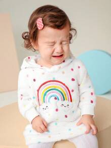 SHEIN Baby Girls Casual Embroidered Rainbow Plush Polka Dot Hooded Dress, Winter - Multicolor - View 5