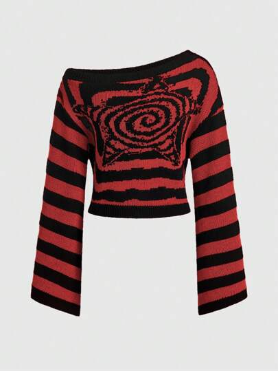 Grunge Punk Femmes Pull tricoté décontracté à manches longues à épaule oblique avec motif simple