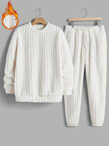 Manfinity VCAY 2pcs Men's Loose Fit Drop Shoulder Fleece Sweatsuit Set, Suitable For Autumn/Winter - Beige - View 1