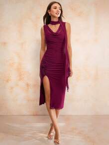 Glamine Ruched Ruffle Ruched Floral Frill Hem Trim Split Hem Dress, Elegant Christmas Party Outfit